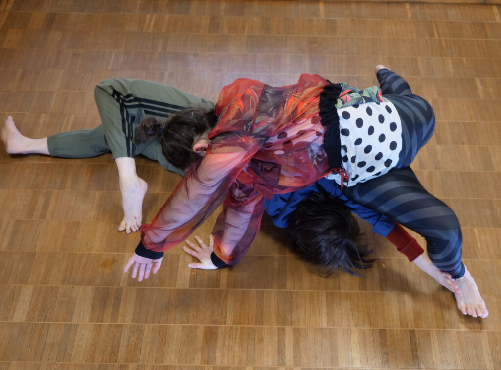 Das Bild zeigt zwei Personen, die sich akrobatisch übereinander auf einem Holzboden bewegen. Man sieht ihre Gesichte nicht. Sie haben beide ihre Füße und Hände am Boden und die eine Person befindet sich mit der Körpermitte über der anderen.